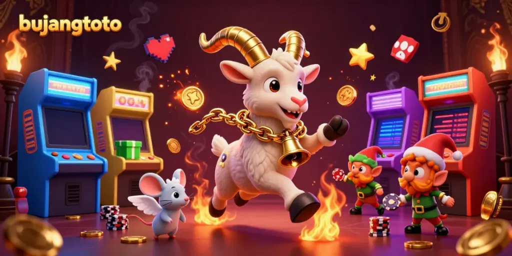 Bujangtoto's festive horror casino scene with krampus, angel mouse, and gremlins amidst glowing arcade machines.