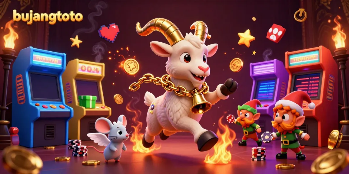 Bujangtoto's festive horror casino scene with krampus, angel mouse, and gremlins amidst glowing arcade machines.