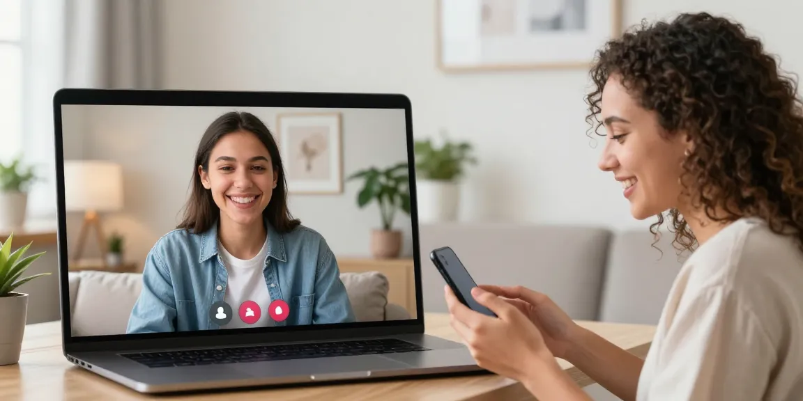 Engaging pink video chat between two users in cozy environments, emphasizing real-time connections.