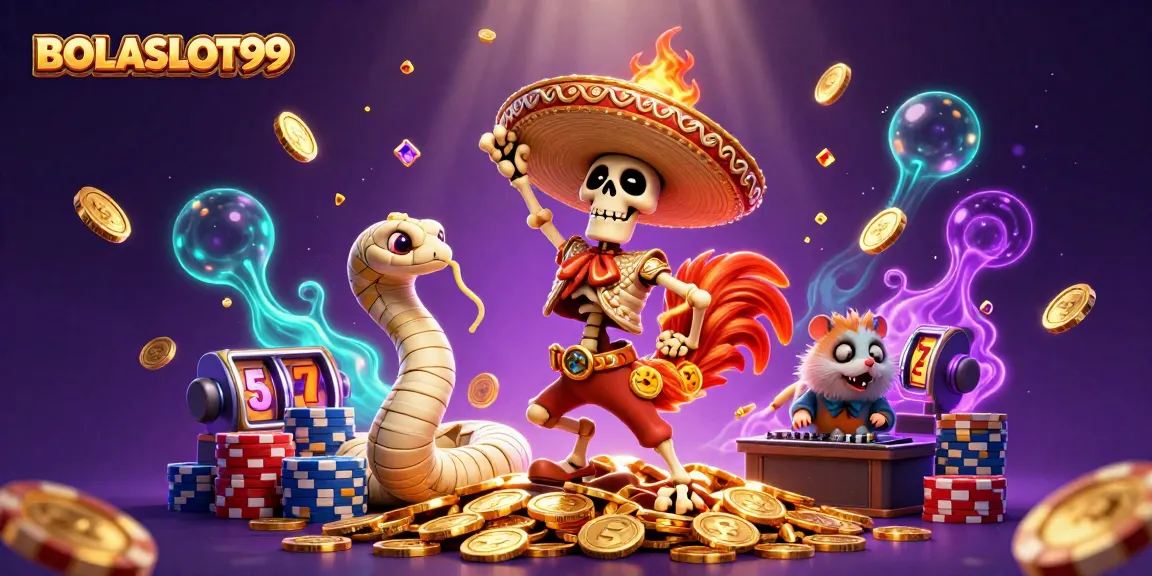 BOLASLOT99 showcases a vibrant scene of a mariachi rooster, a mummy snake, and a DJ hamster surrounded by dynamic casino elements.