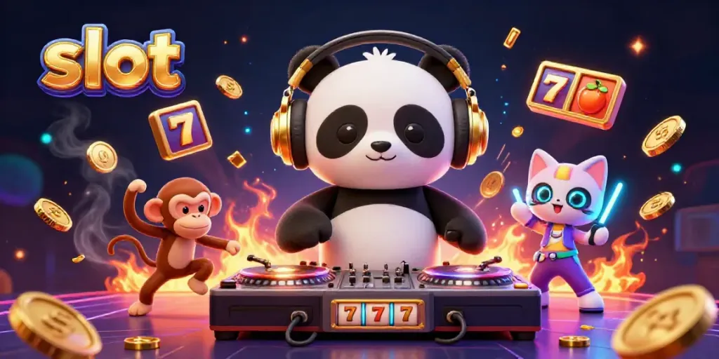 Experience vibrant casino fun with slot-themed DJ panda, breakdancing monkey, and rave kitten.
