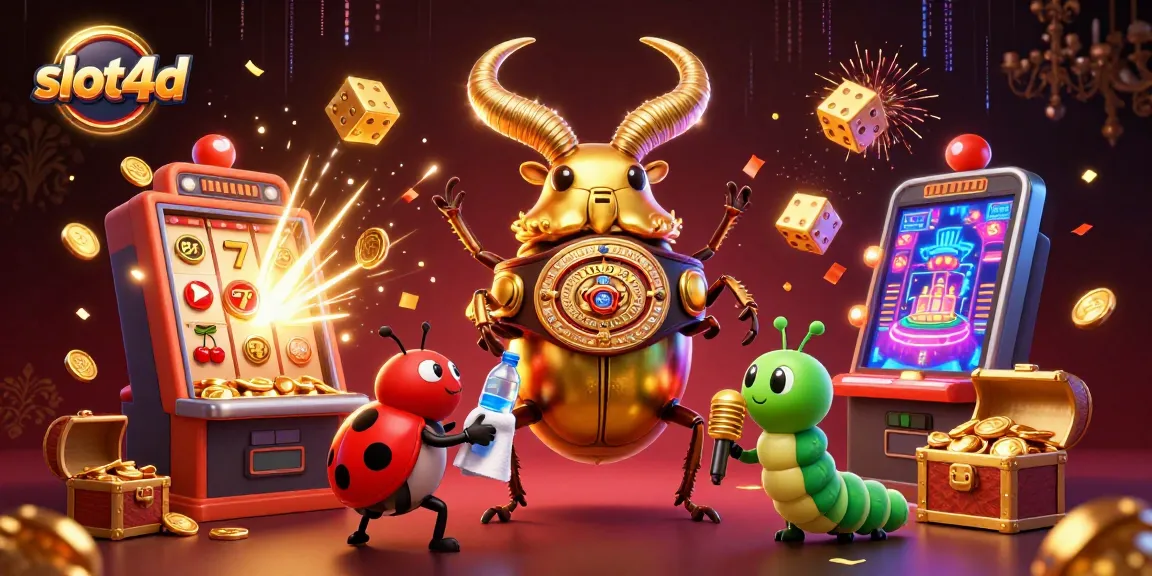 Experience the thrill of slot4d gaming with a dynamic illustration of a boxing beetle and casino elements.