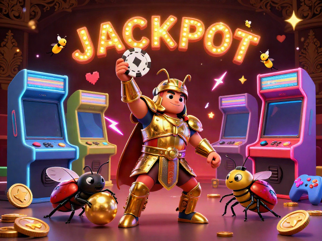 Engage with the ru-themed jackpot celebration featuring cartoon beetles in a vibrant casino.