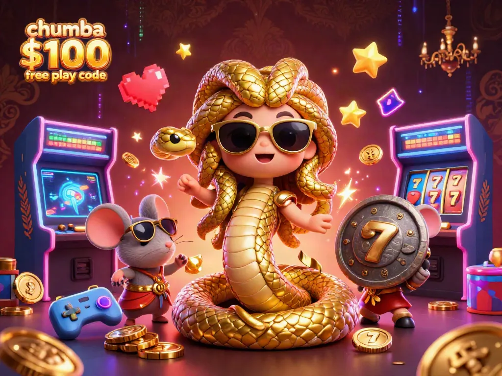 Play with chumba casino $100 free play code in a vibrant 3D casino scene featuring fun characters and arcade elements.