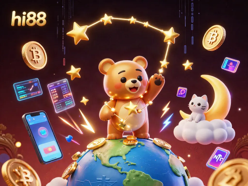Playing at hi88, a bear scoops coins while digital currencies float around in a casino-themed scene.
