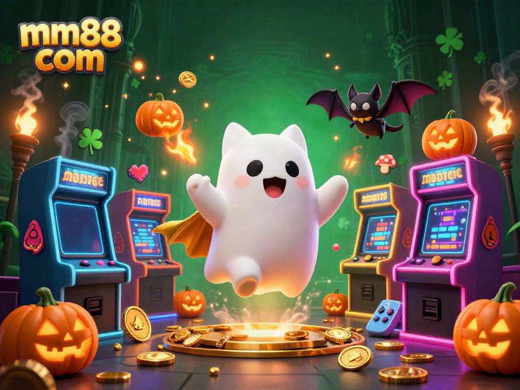 Engage with exciting gaming at mm88 com, featuring a fun ghost cat and vampire bat in a haunted casino.