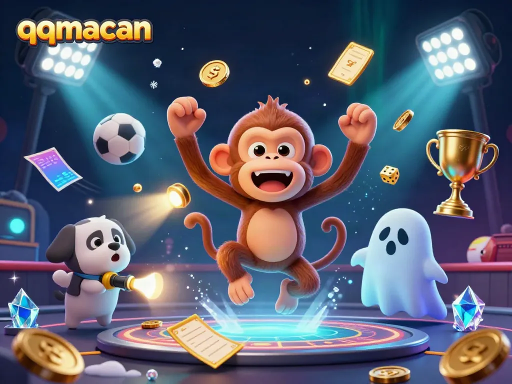 Engage with qqmacan as a poltergeist monkey juggles winnings amidst a haunted casino scene.