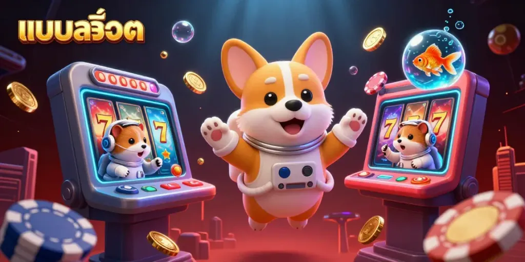Experience exciting casino action with แบบสล็อต in this detailed 3D scene featuring a floating corgi and jackpot elements.