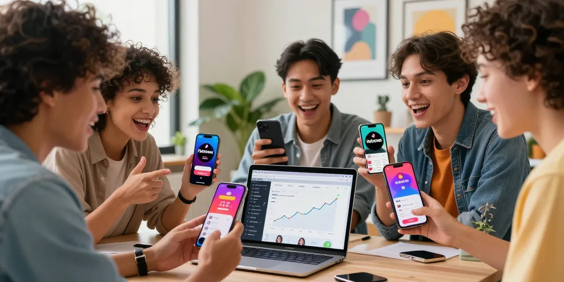 Excited young adults discussing how to buy TikTok followers in a vibrant online shopping atmosphere.