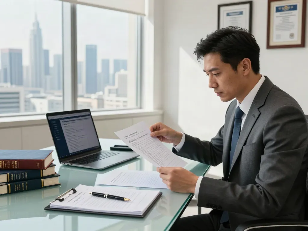 Court Filing Services Dubai - Lawyer reviewing important court documents in a professional legal office.