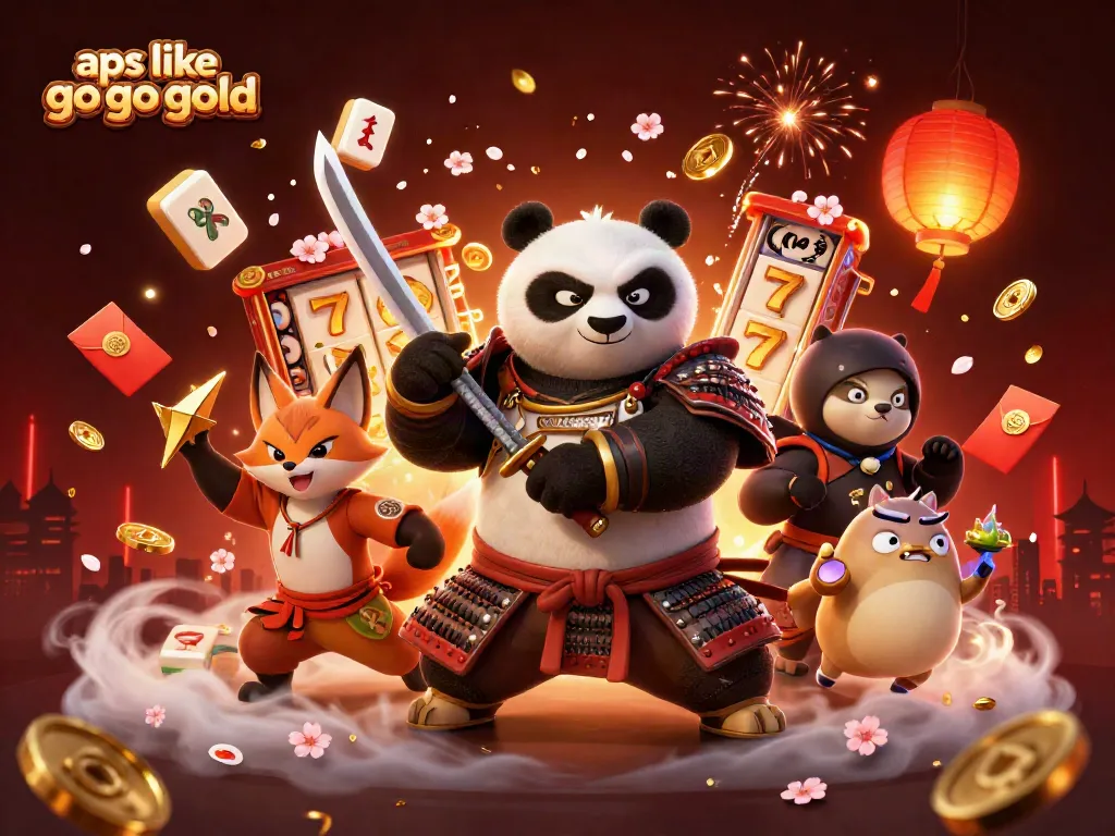 Experience thrilling moments with apps like go go gold featuring samurai panda and ninja fox in a vibrant casino scene.