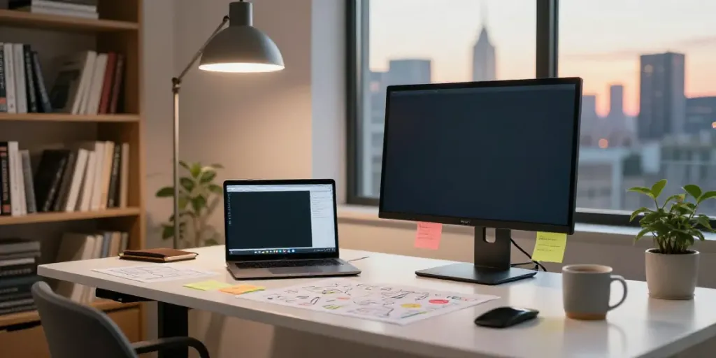 Writer engaged in AI assisted writing in a modern workspace with city skyline backdrop.