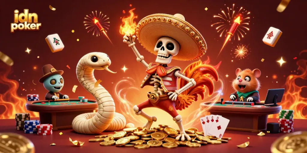 Engage with idn poker as a joyful skeleton mariachi wins among golden coins and festive decorations.