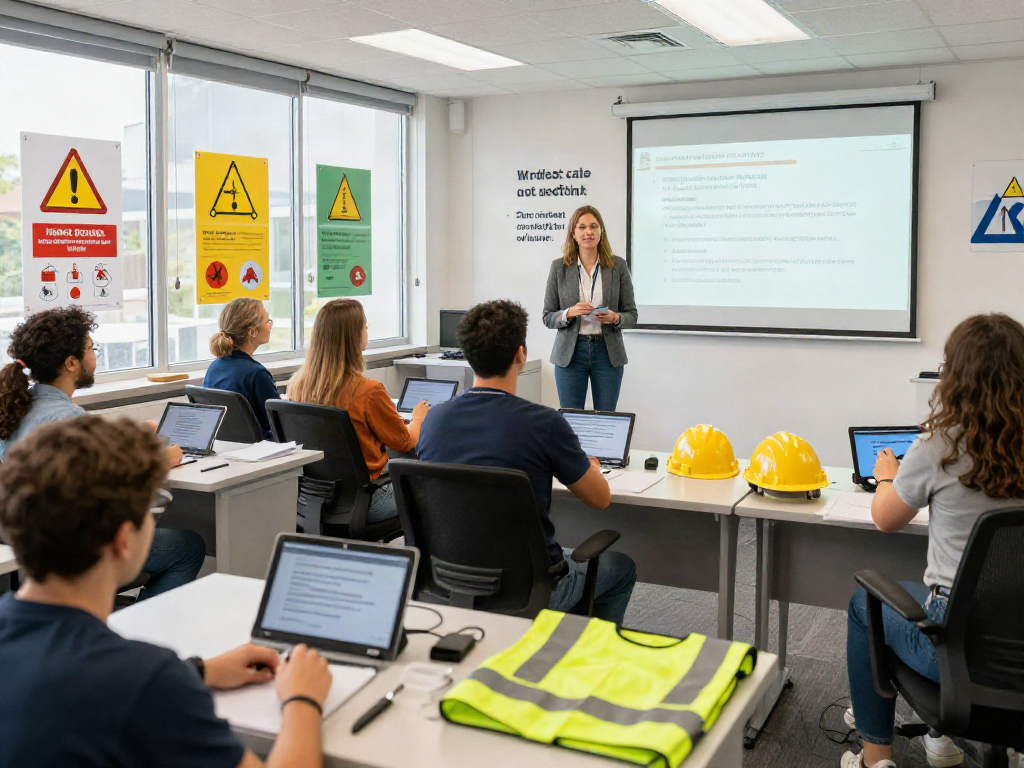 CSP Certification training session in progress, instructor guiding diverse learners with digital tablets, focused on occupational safety education.
