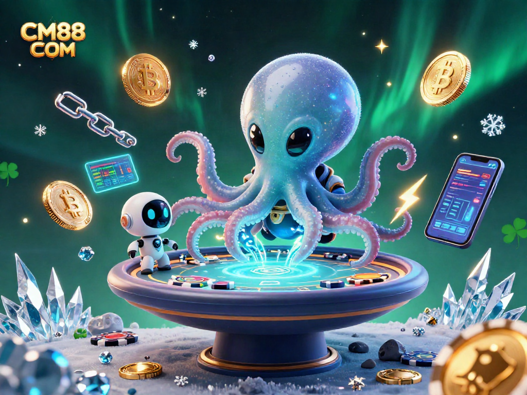 Engage with the thrilling poker action at CM88 COM featuring a vibrant alien octopus and crypto elements.
