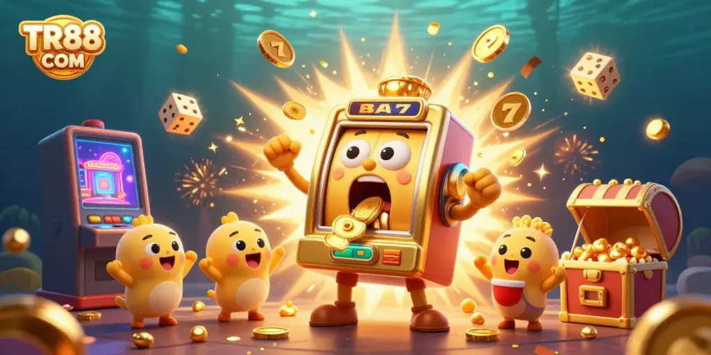 Experience the thrill of TR88 COM casino with a vibrant golden slot machine hitting a jackpot surrounded by festive elements.