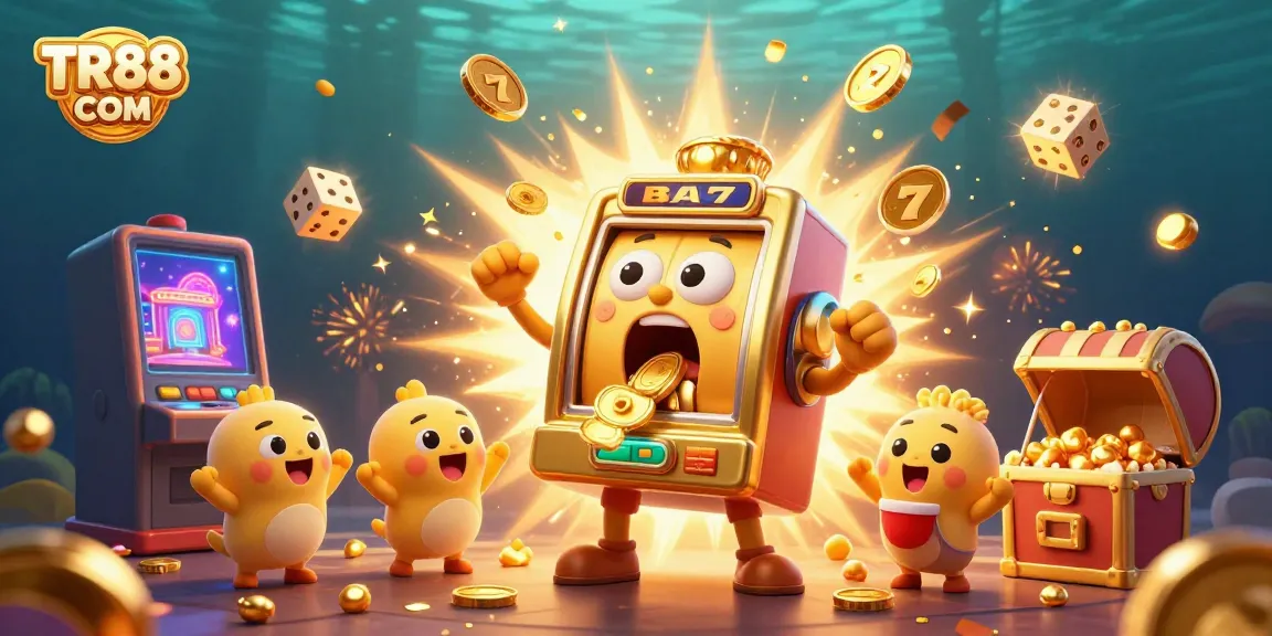 Experience the thrill of TR88 COM casino with a vibrant golden slot machine hitting a jackpot surrounded by festive elements.