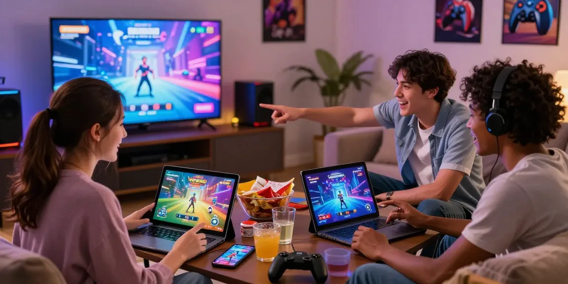 Diverse friends playing porn games together in a cozy living room, showcasing vibrant graphics on screens and engaging atmosphere.