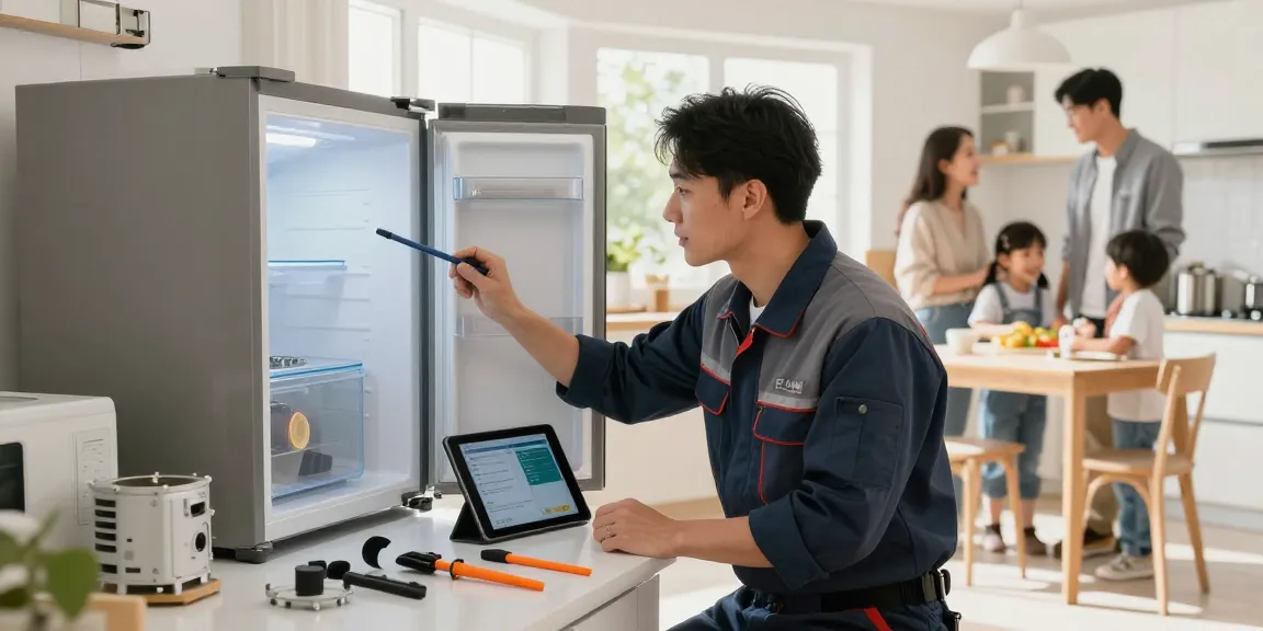 Freezer repair technician diagnosing appliance issues in a bright modern kitchen.