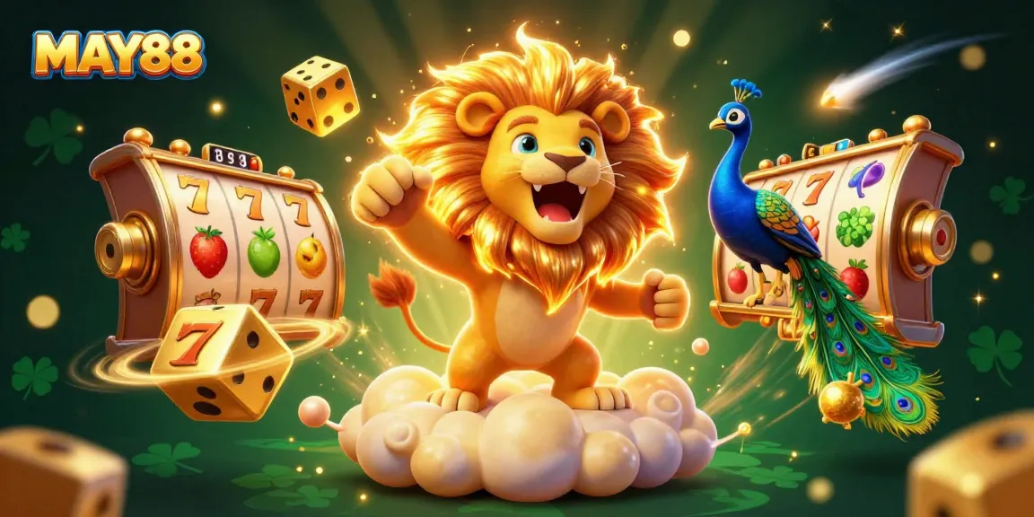 MAY88 slot games with vibrant graphics and gold accents create an exciting casino atmosphere.
