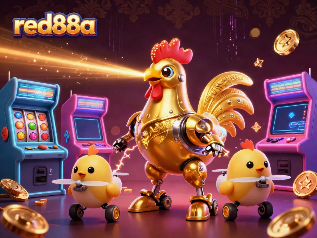 Experience thrilling gameplay at red88a with a vibrant robotic rooster and dynamic arcade scenes.