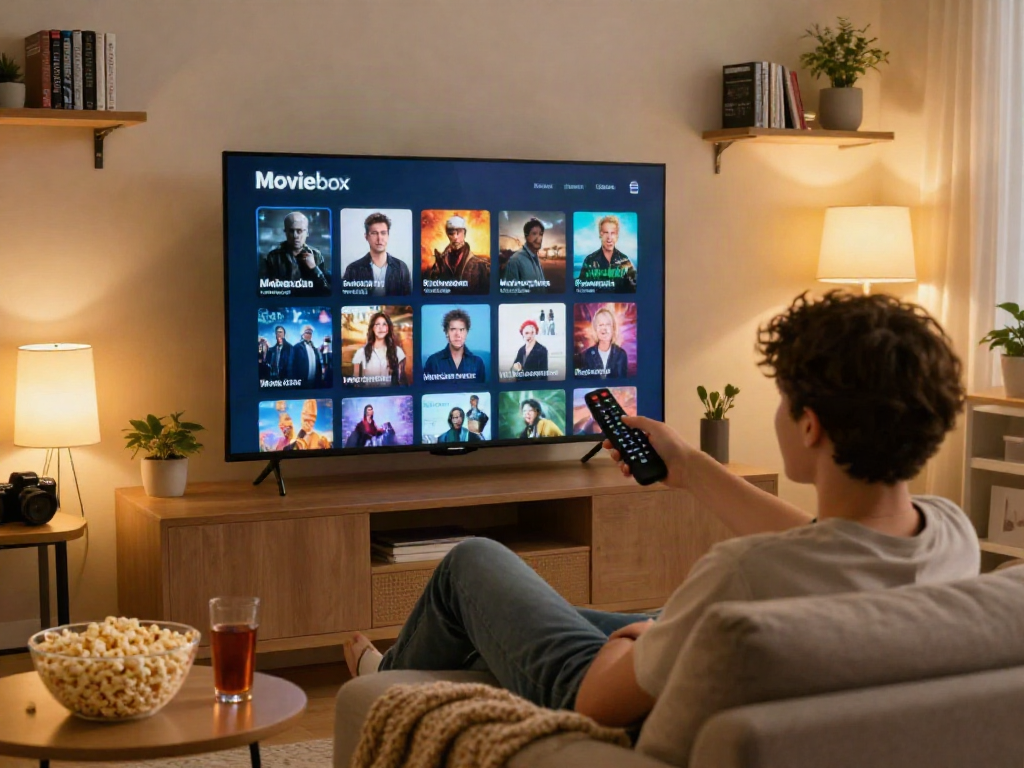 Experience the convenience of the Moviebox app in a cozy living room setting with a user enjoying their favorite films.