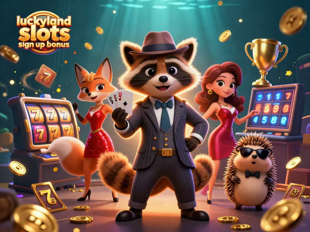 Claim the luckyland slots sign up bonus with a raccoon, fox, and a hedgehog in a vibrant casino scene.