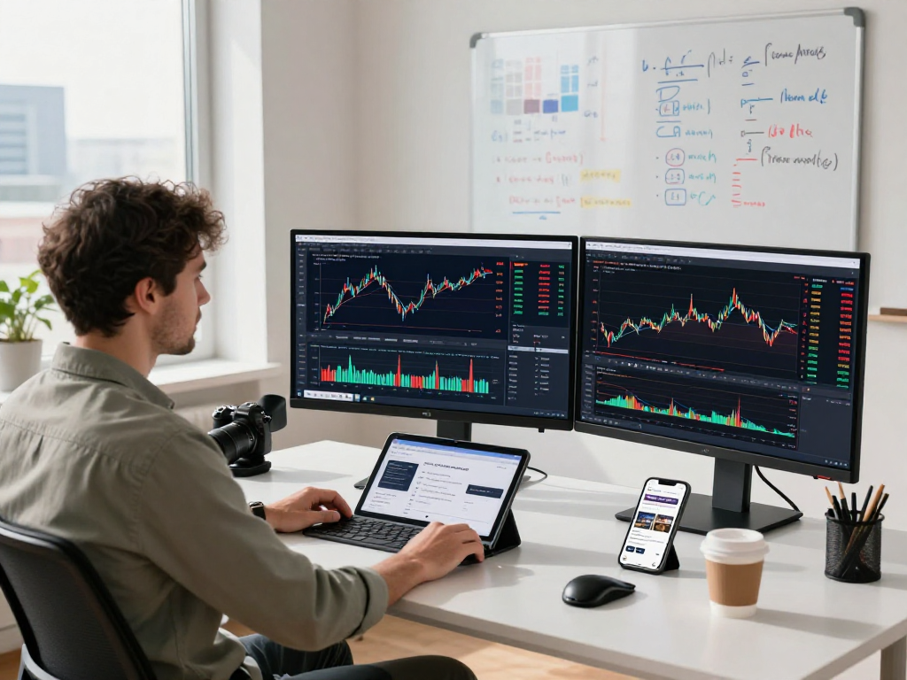 Germany stock backtesting API interface displayed on multiple screens in a trading analysis workspace, showcasing developer engagement.