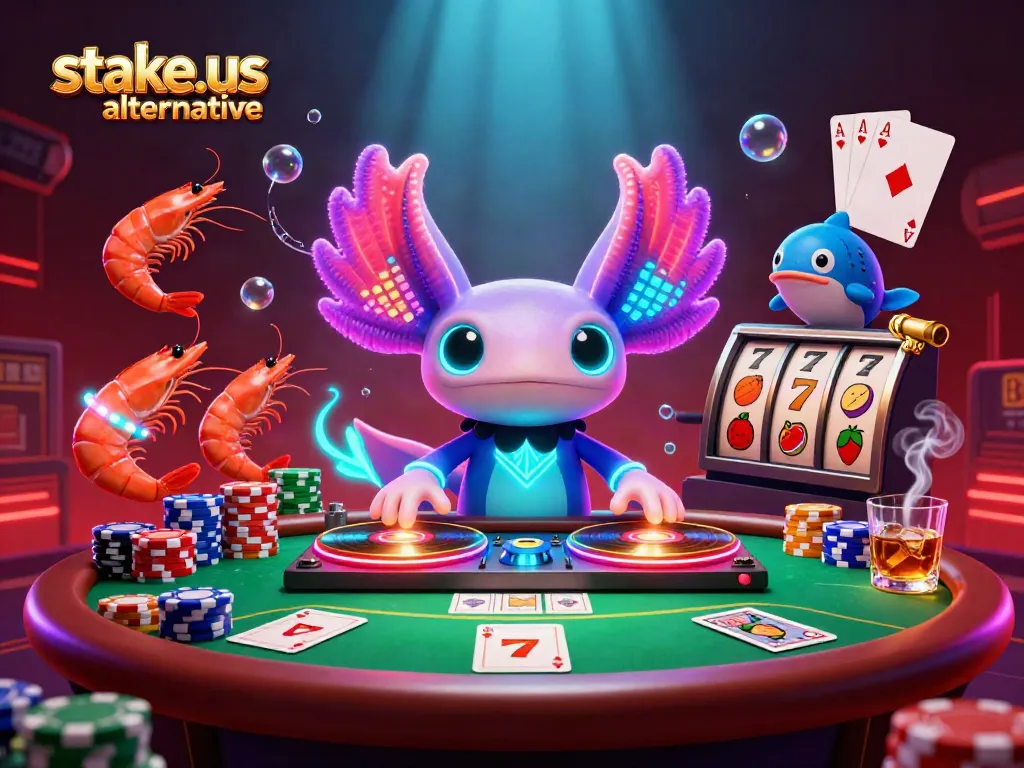 Experience the thrill of a stake.us alternative with a vibrant 3D casino scene featuring poker elements and dynamic characters.