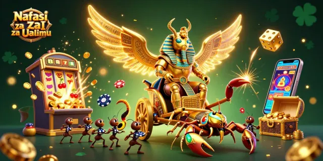 Nafasi za za KaI za Ualimu, experience the thrill of gambling illustrated with a golden scarab and slot machines.