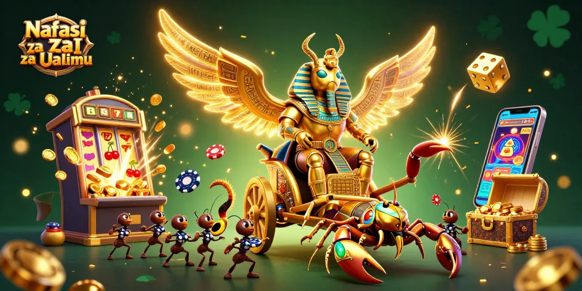 Nafasi za za KaI za Ualimu, experience the thrill of gambling illustrated with a golden scarab and slot machines.