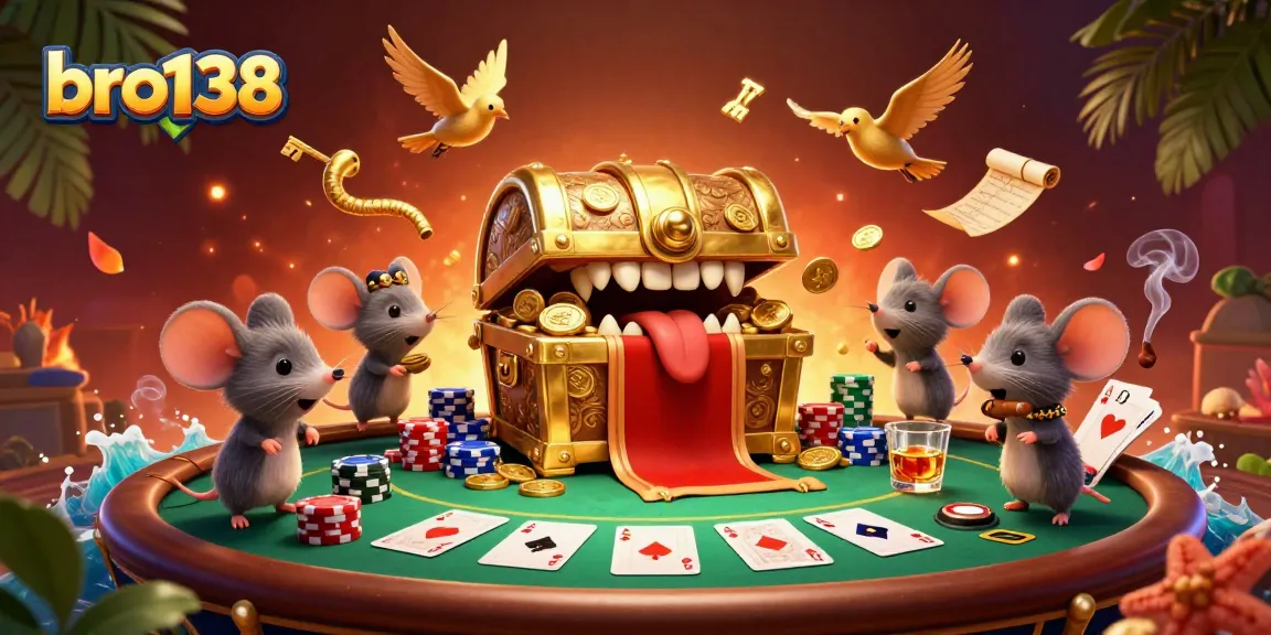 Experience the excitement of bro138 with a vibrant casino illustration featuring treasure, poker, and adventure.