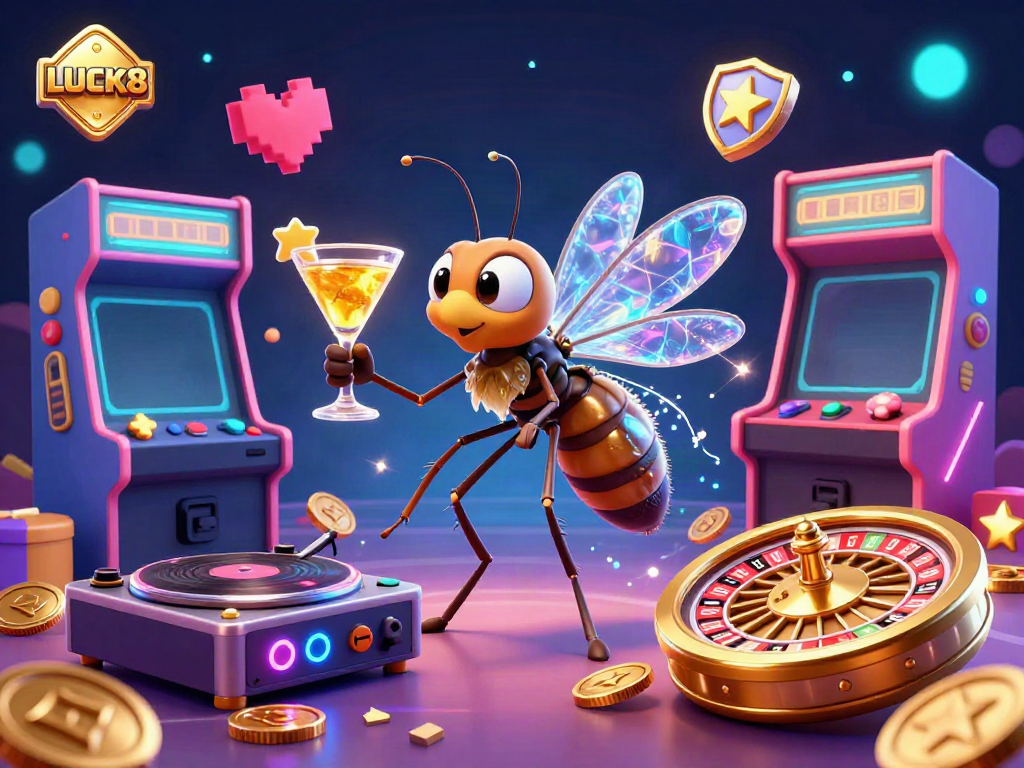 Engage with LUCK8's vibrant casino atmosphere featuring a 3D mosquito mascot and glowing gaming elements.