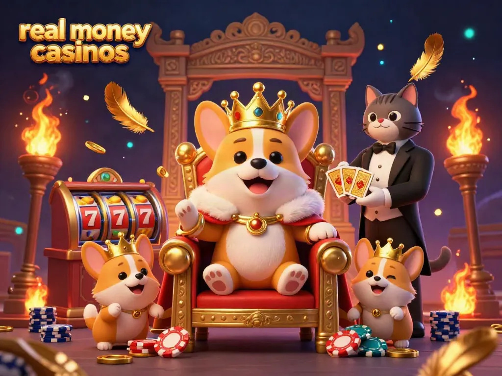 Experience the excitement of real money casinos with a royal corgi and dynamic gambling elements.