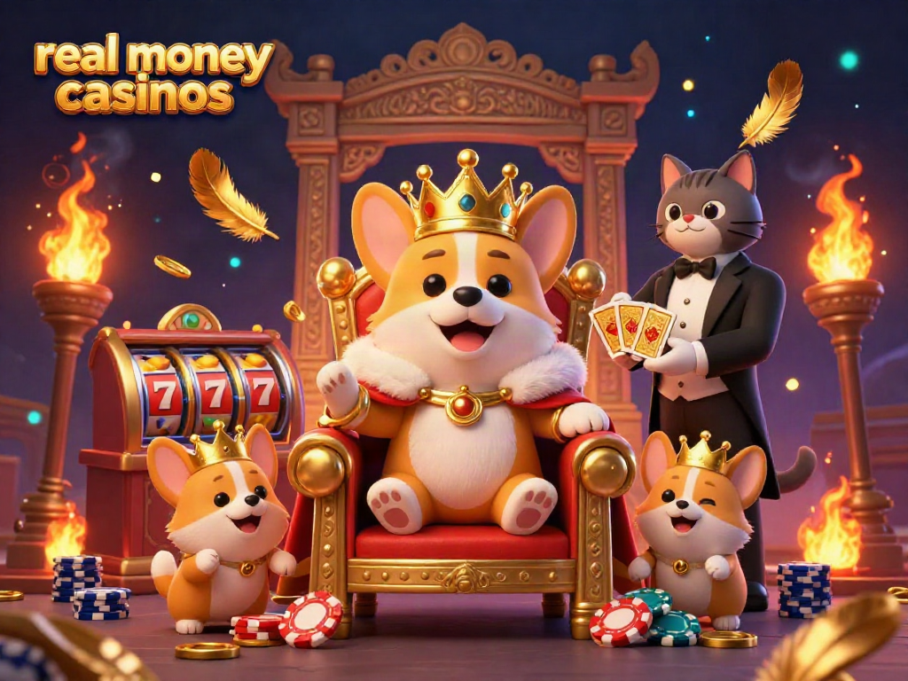 Experience the excitement of real money casinos with a royal corgi and dynamic gambling elements.