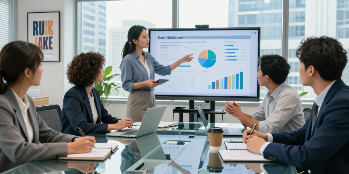 Team collaboration on business due diligence strategy in a modern office environment.