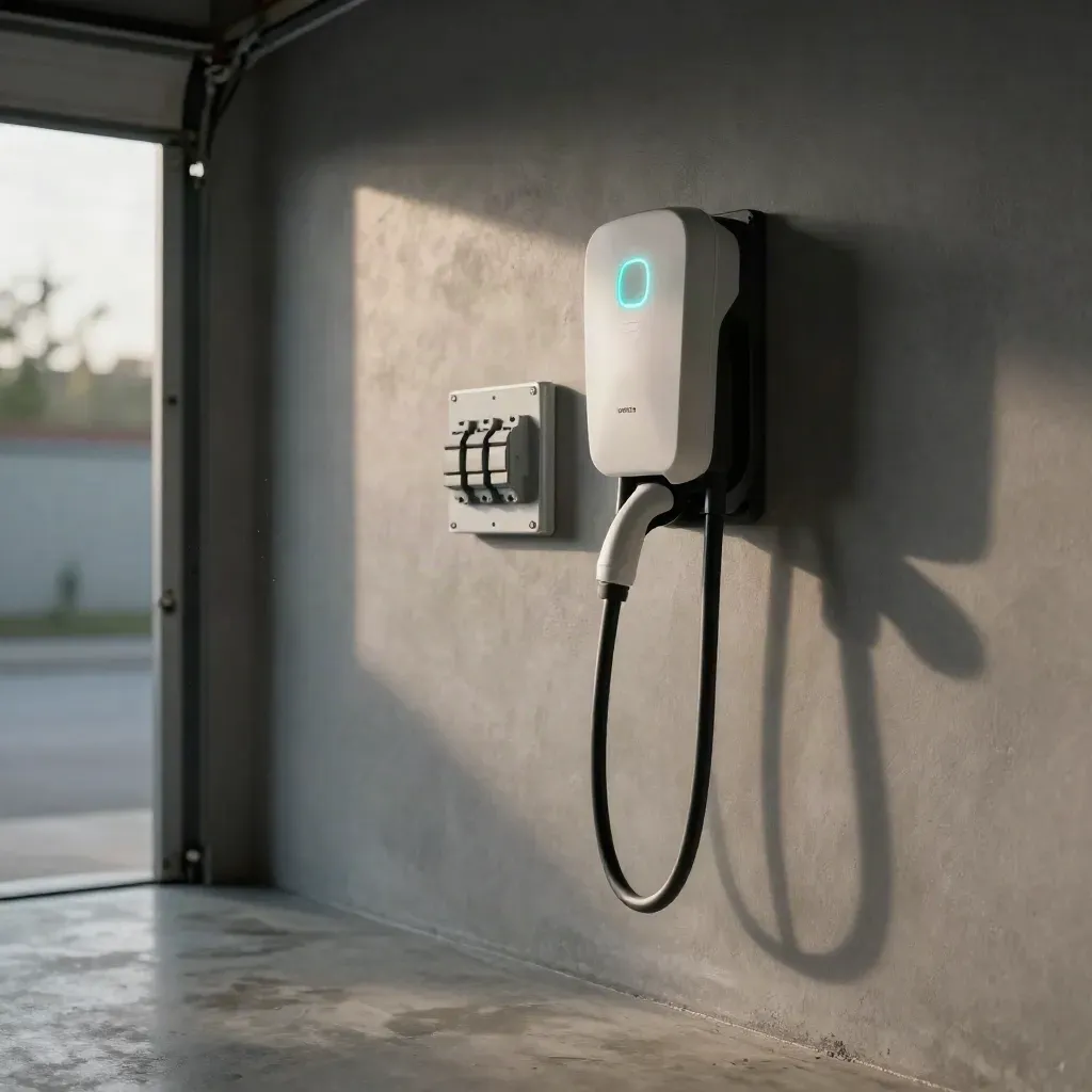 Wall-mounted EV charger in a clean garage with conduit, breaker box, and docked cable.
