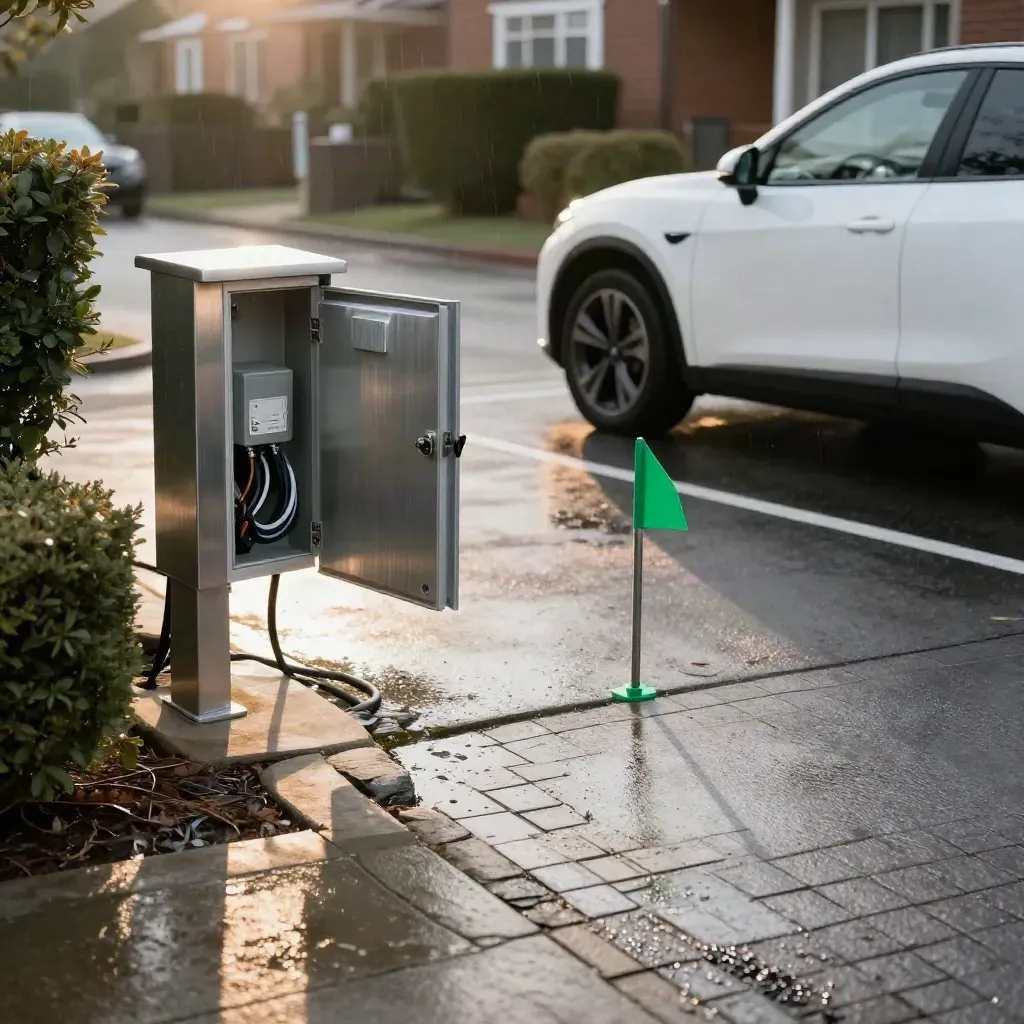 White EV by an open service panel at a damp townhouse driveway, early-morning site assessment
