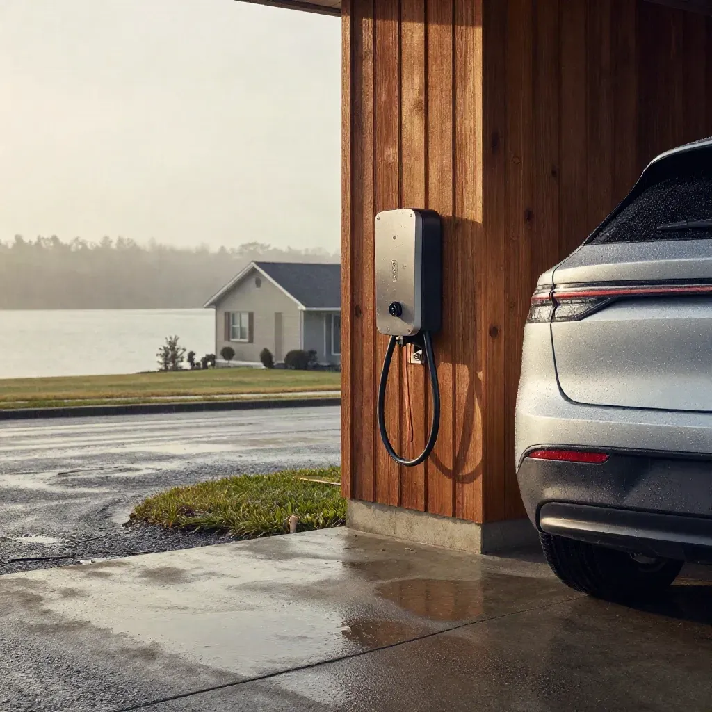 Low-angle EV charger install by a cedar house with rain, conduit, and SUV at dawn