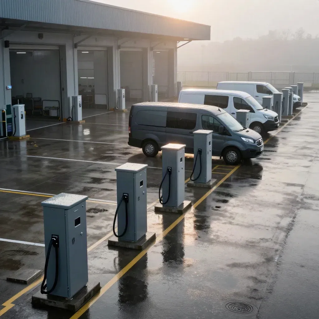 Dawn fleet depot row of EV charger pedestals beside parked electric vans in wet drizzle.