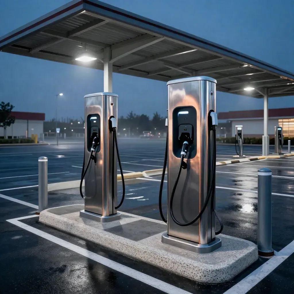 Two glowing EV charger pedestals under a retail canopy in a wet parking bay at blue hour.