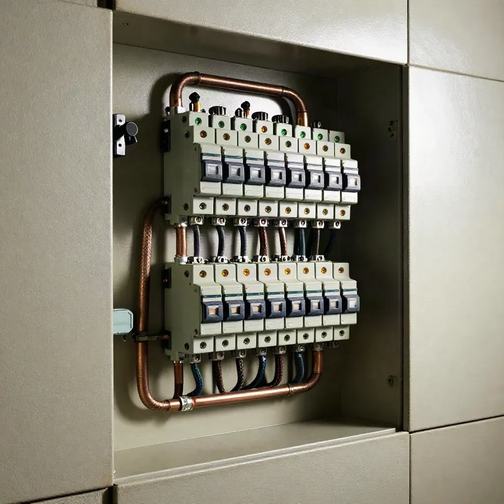Load-management cabinet with breaker hardware and status lights in a utility alcove.