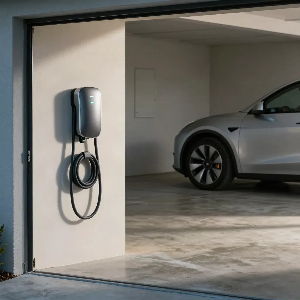 Finished townhome garage with EV charger, parked EV, fresh paint, and morning light