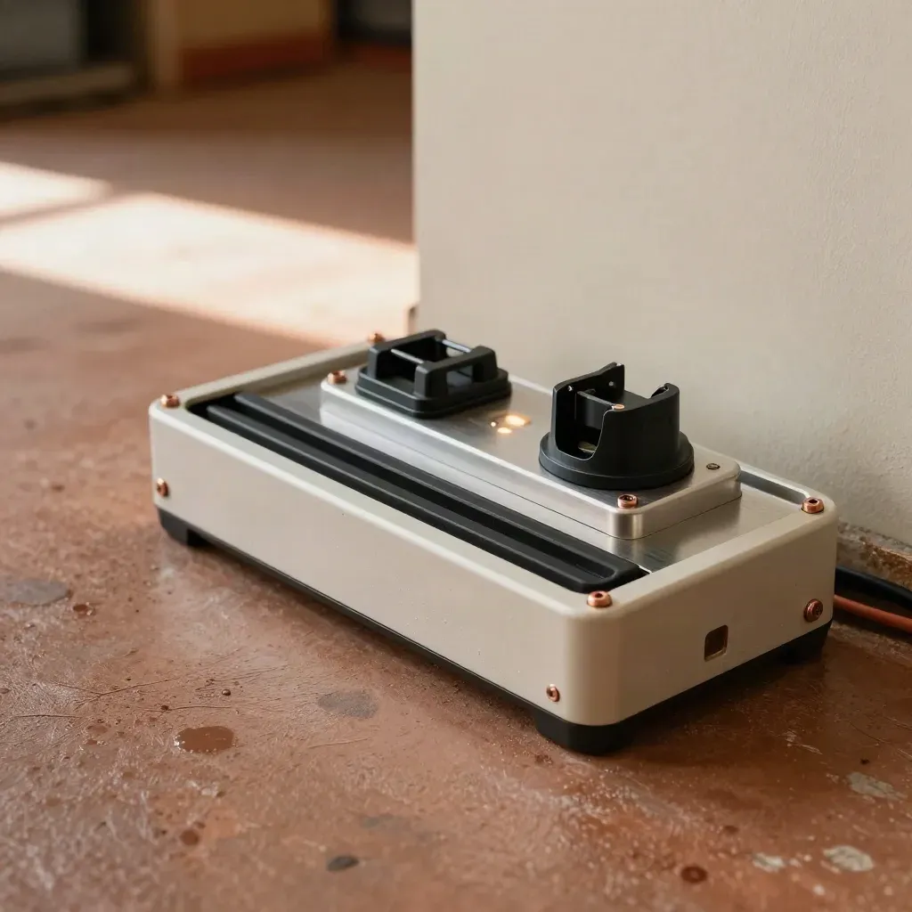 Opened EV charger pedestal mid-repair on wet concrete, with parts tray and warm workshop light