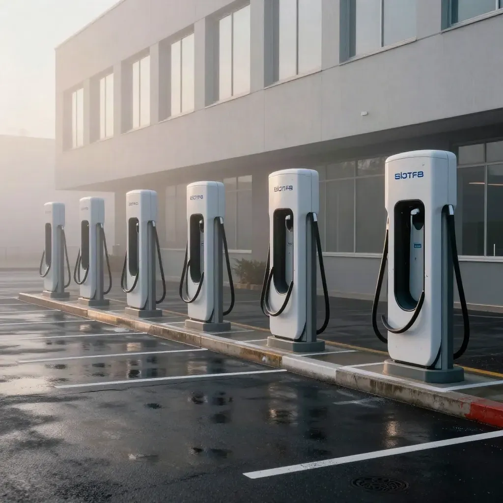 Eight EV charger pedestals lit at dawn in a foggy office lot