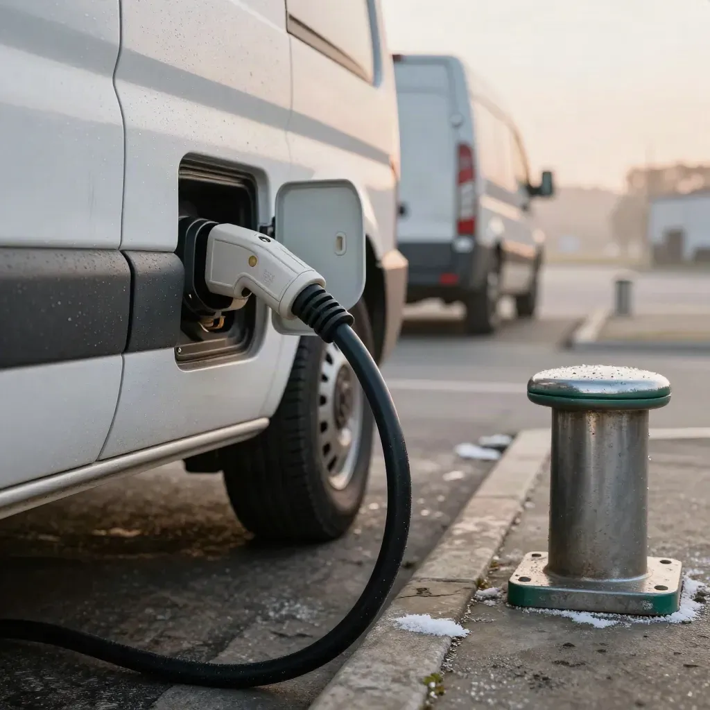 Macro of a plugged-in fleet van charge port beside a bollard and charger at dawn
