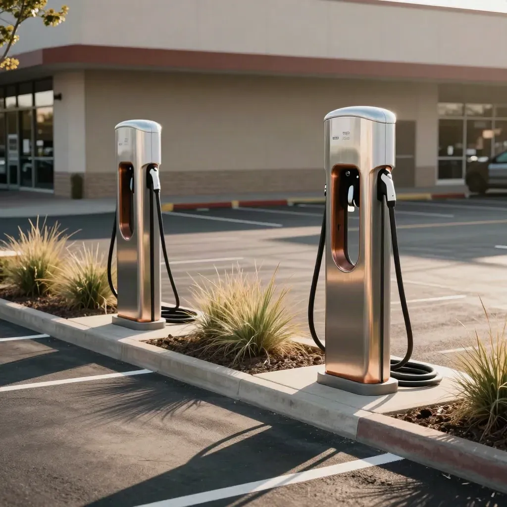 Two EV chargers beside planted islands and empty retail parking spaces in warm haze.