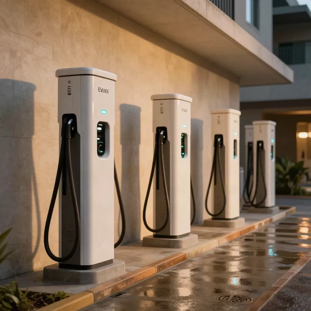 Six clean EV chargers with cyan status lights in a damp evening service court.