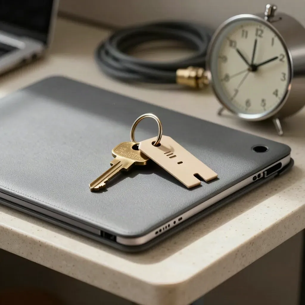 Macro still life of a project manager’s coordination kit: tablet, brass ring, cable tags, and desk clock.