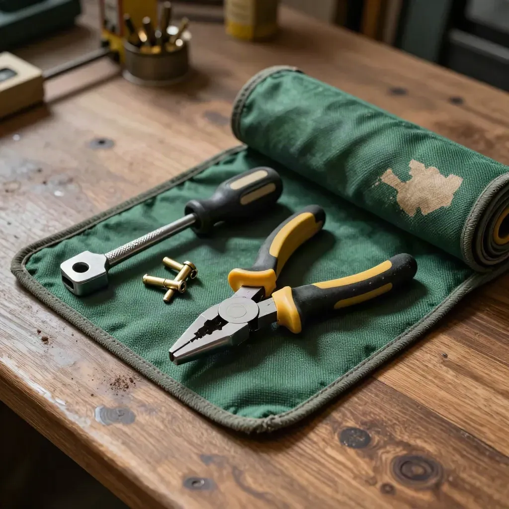Electrician tools arranged on a walnut bench under dramatic workshop light.